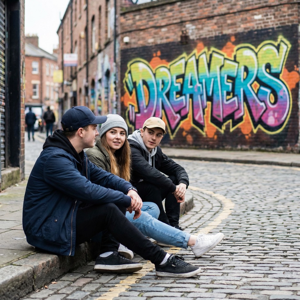 Three people seated together on a cobbled street beside a graffiti wall