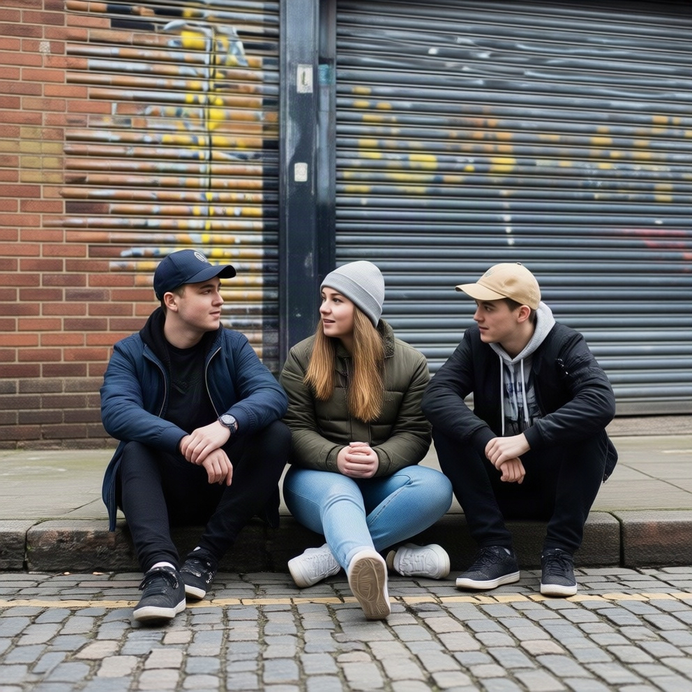 The same three people seen from a different camera viewpoint on the street