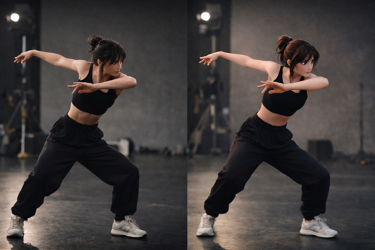 A dancer and an illustrated character holding a matching pose