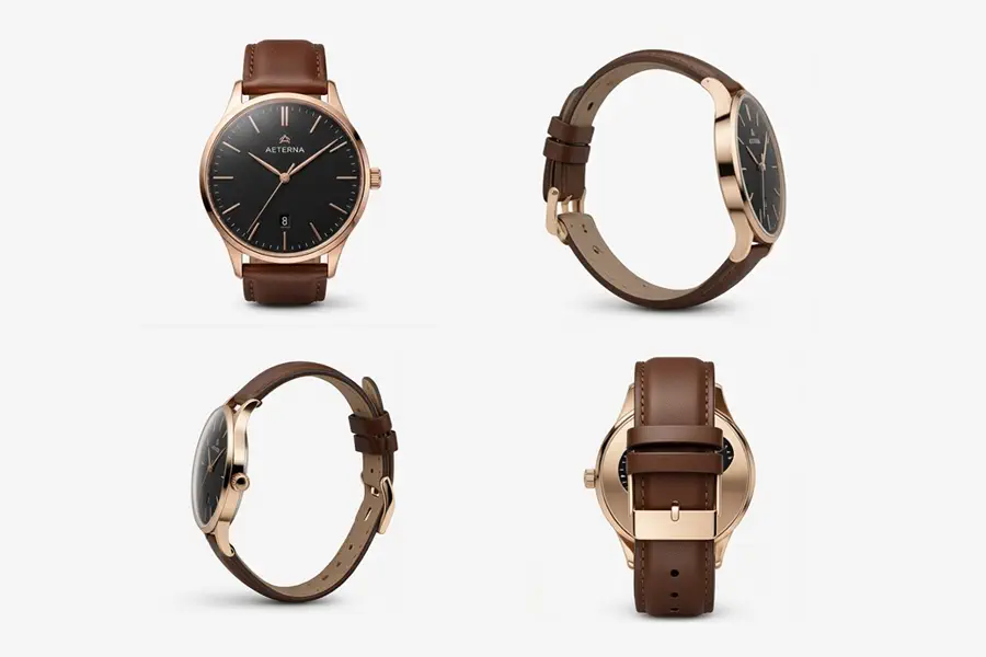 A brown leather watch illustrated from four different viewpoints