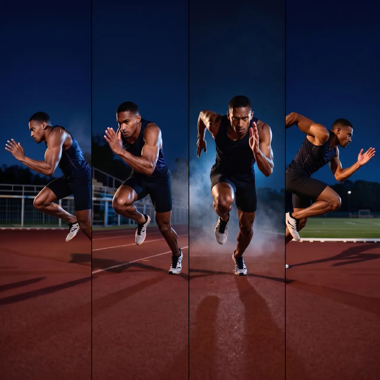 A runner illustrated from several camera positions on a track