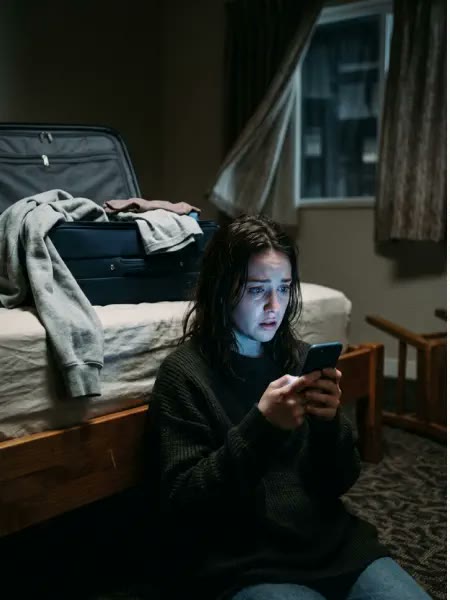 A woman seated beside a bed, looking at her phone at eye level